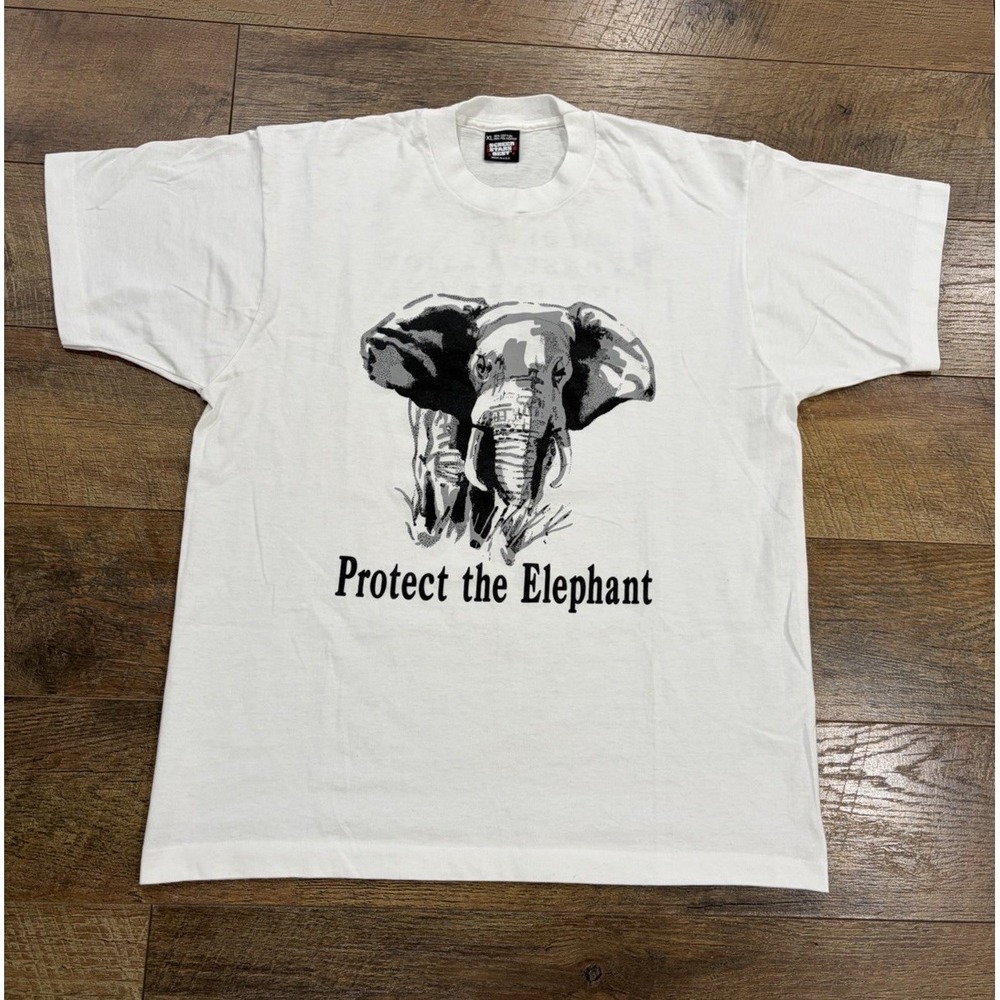 Vintage 90s Protect‎ The Elephant Wildlife Conservation Tee White Large USA Made